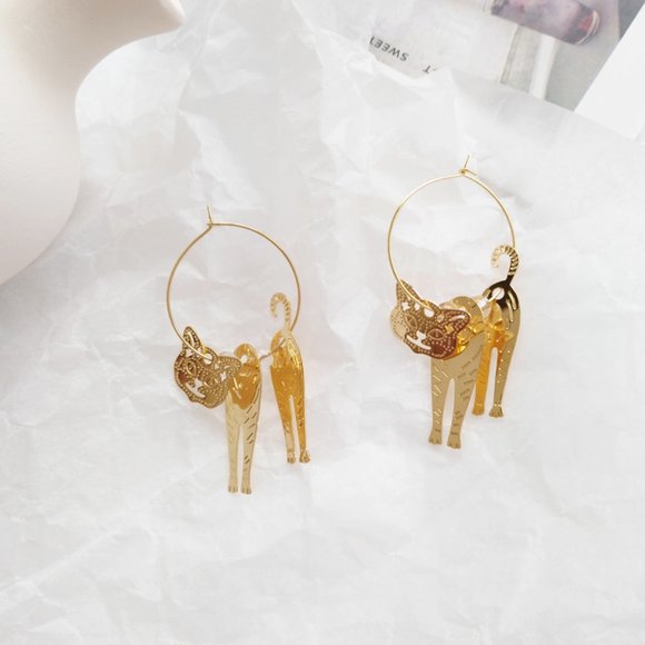 Myth X Dream Jewelry - Cat Boho Engraved Kitty Hoops Earrings